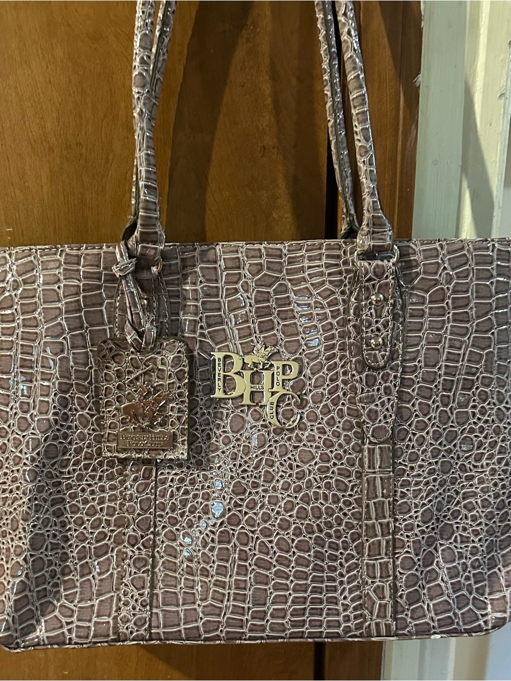 Beverly Hills Polo Club Croc-Embossed Taupe Tote with Gold Logo